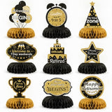 9 Pcs Retirement Party Decorations, Honeycomb Centerpieces, Black Gold Happy Retirement Table Decorations, Easy Assemble Thick Cardstock Centerpieces for Retired Farewell Party