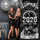 2026 Happy New Year Door Cover Black Silver Party Decor with Balloon and Fireworks