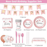 212Pcs Pink Rose Gold Party Supplies Set – Plates, Cups, Cutlery, Décor for 24