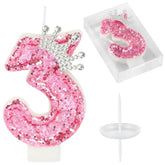 Birthday Number Candles,Pink Crown Birthday Candles For Cake,Glitter Number 3 Candle Cake Topper With Sequins For Girls,Women, Anniversary Celebrations Supplies (Pink 3)