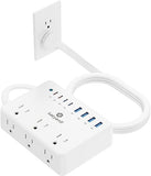 100W Charging Station Power Strip 6 Outlets 8 USB Ports Fast Charging 5FT Flat Plug Extension Cord White
