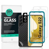 Screen Protector For Samsung Galaxy S22 5G(Not For Galaxy S22 Plus/Galaxy S22 Ultra),With 2Pcs Tempered Glass,1Pc Camera Lens Protector,1Pc Backing Carbon Fiber Film, Easy To Install