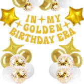 25pcs Golden Birthday Decor – "In My Golden Birthday Era" Banner & Balloons