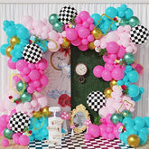Alice Wonderland Balloon Garland Arch Kit, 144Pcs Lake Blue Hot Pink Balloons With Chessboard Foil Balloons For Spring Tea Party Supplies Onederland First Birthday Baby Shower Decorations