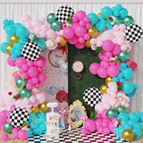 Alice Wonderland Balloon Garland Arch Kit, 144Pcs Lake Blue Hot Pink Balloons With Chessboard Foil Balloons For Spring Tea Party Supplies Onederland First Birthday Baby Shower Decorations