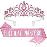 Princess Crown & Birthday Sash Set: Rhinestone Tiara, Glitter Pink