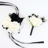 Wedding Flower Set With Rose Corsage And Boutonniere For Men (Black & White)