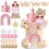 34Pcs Princess Cake Topper Castle Rainbow Cake Decoration With Pink Butterflies Cartoon Castle Pearl Balls For Pink Girl Princess Theme Birthday Baby Shower Party Supplies