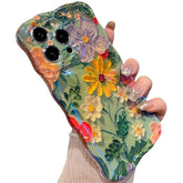 For Iphone 14 Pro Max Case, Colorful Retro Oil Painting Printed Flower Laser Glossy Pattern Cute Curly Wave Edge Exquisite Phone Cover Stylish Durable Tpu Protective Case (Purple Yellow White)