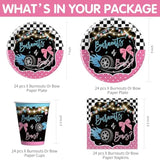 Burnouts Or Bows Gender Reveal Decorations Tableware, Boy Or Girl Gender Reveal Party Supplies, Plate, Cup, Napkin, Cutlery, Tablecloth, Race Car Vs Bows Baby Shower Decorations, Serves 24