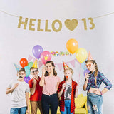 Gold Hello 13 Birthday Banner, Gold Glitter Happy 13Th Birthday Party
