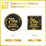 70Th Paper Party Plates And Napkins 50Pcs 9" Black Birthday Party Dessert Tableware Happy Birthday Decorations Party Supplies