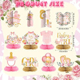 12PCS Pink Gold Baby Shower Decorations – Floral Honeycomb Table Centerpieces