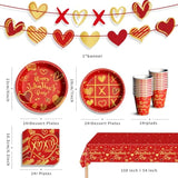 Valentine'S Day Party Supplies Tableware Set Red Heart Love Paper Plates Napkins Cups Tablecloth Banner For Valentine'S Day Party Decorations, Serves 24