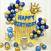 Gold & Silver Blue Birthday Party Decoration Set - Happy Birthday Banner, Balloons, Metallic Fringe Curtain, Golden Crown - Perfect For Girls, Boys, Men Or Women