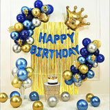 Gold & Silver Blue Birthday Party Decoration Set - Happy Birthday Banner, Balloons, Metallic Fringe Curtain, Golden Crown - Perfect For Girls, Boys, Men Or Women