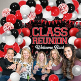 Class Reunion Party Decorations - Red And Black Balloon Garland Arch Kit With Welcome Back Class Reunion Backdrop, High School Reunion Party Photography Background Supplies
