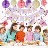 Birthday Decorations, Happy Birthday Banner With Honeycomb Balls, Butterfly Hanging Swirl Streamers, Circle Dots Garland, Happy Birthday Party Decorations For Women Men Boys Girls (Purple)