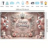Elegant Pink Princess Birthday Banner Backdrop with Crown & Roses