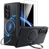 For Samsung Galaxy Z Fold 7 Case With 360° Magnetic Stand - Military Grade Shockproof Case With 2 X Screen Protector, Compatible With Magsafe, Carbon Fiber Texture Design For Z Fold 7, Black