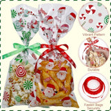 600 Pcs Christmas Cookie Bags Christmas Snack Bag With 50 Yd Ribbon Cellophane Gift Bags For Xmas Goodie Arts Crafts Flower Wrapping Party Favor Supplies