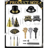 200pcs New Year 2026 Party Favors Black Gold Silver Hats Noise Makers