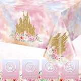 1 Pack Princess Tablecloth 54x108 Inch Pink Rose Castle for Birthday Party Decor