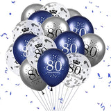 80th Birthday Balloon Set: Navy, Silver & Confetti - 15 Piece Party Decor