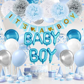 36pcs Blue Baby Decorations Grey Pom Poms, Silver & Blue Balloons, Banner