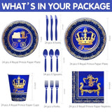 Royal Prince Baby Shower Decorations Party Tableware Boys - Blue Gold Little Prince Baby Boy Decorations Supplies, Plate, Napkin, Cup, Cutlery, Prince Baby Boy Table Decorations | Serve 24