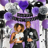 Black Purple And Sliver Happy Birthday Party Decorations Balloons, Purple Birthday Decorations With Banner Curtains For Women Men Boys Girls