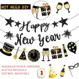 Happy New Year Banner 2026 Black Glitter Pre-Strung Party Garland Decorations