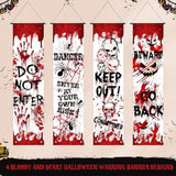 4 Pcs Halloween Banners Red Warning Hanging Porch Door Horror Decor for Parties