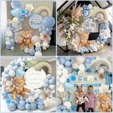 Dusty Blue Birthday Decorations, Teddy Bear Theme Sand White Grey Double Stuffed Blue Balloon Arch Garland Kit, Macaron Confetti Blue Balloons Birthday Party Decorations Supply Boho Decor For Boys