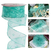 Snowflake Sheer Wired Teal Ribbon For Christmas Tree - 50 Yards, Top Bows, Garland, Gift Wrapping, Wreaths - 2.5