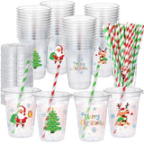 50 Sets Christmas Disposable Plastic Cups With Lids And Paper Straws 16 Oz Merry Christmas Clear Cold Beverage Drinking Cups For Xmas Holiday Party Supplies