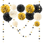 15pcs Black Gold Tissue Paper Pom Poms for 2026 New Year Party Decorations