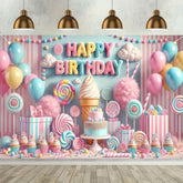 Happy Birthday Banner Colorful Sweet Candy Birthday Party Backdrop Ice Cream Cotton Candyland Party Decoration Background For Kids Newborn Baby Shower Decor Supplies