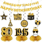 11 Pcs 80th Birthday Kit Black & Gold Banner, Centerpieces & Swirls for Men/Women