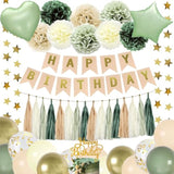 Sage Green Birthday Set with Gold Balloons, Banner & Neutral Safari Decor