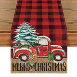 Red And Black Buffalo Plaid Merry Christmas Tree Table Runner, Seasonal Truck Gifts Kitchen Dining Table Decoration For Outdoor Home Party 13X48 Inch