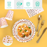 Pink And Gold Party Supplies - 350 Pcs Disposable Dinnerware Set - Pink Paper Plates Napkins Cups, Gold Plastic Forks Knives Spoon For Graduation, Birthday, Cocktail Party