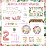 231 Pcs Two Wild Birthday Decorations Girl, Jungle Safari Animal Theme 2Nd Party Supplies Backdrop Balloon Garland Leaves Banner Tablecloth Cake Topper Plate Napkin Cup Straw Knife Fork Spoon