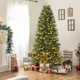 7Ft Prelit Artificial Christmas Tree With 400 Lights, Easy Assembly Hinge Design Skinny Xmas Trees, 1316 Pe&Pvc Mixed Branch Tips, Green