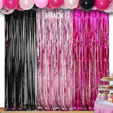 Pink and Black Birthday Decorations - 3 Pack of Tinsel Fringe Backdrop Curtains