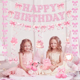 Pink Bow Birthday Party Decorations Girl Bow Themed Party Decor Include Happy Birthday Banner Hanging Swirls Table Honeycomb Centerpieces Hanging Banners For Girls Baby Shower Birthday Party Decor