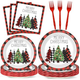 96 Pcs Christmas Red And Black Buffalo Plaid Paper Plates And Napkins For Merry Christmas Party Supplies Black Red Plaid Xmas Trees Party Tableware For 24 Guests Winter Xmas Party Decorations