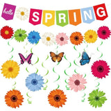 Hello Spring Paper Flower Banner Spring Sunflower Hanging Swirl Decoration Floral Party Banner Garland Kit Flower Hanging Streamers For Mantle Fireplace Indoor Outdoor Home Classroom