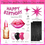 Pink and Black Birthday Party Decor Banner Fringe Curtains and Foil Balloons