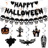 Halloween Decorations Set with Happy Halloween Banner Black Glitter Skull Garland Swirls